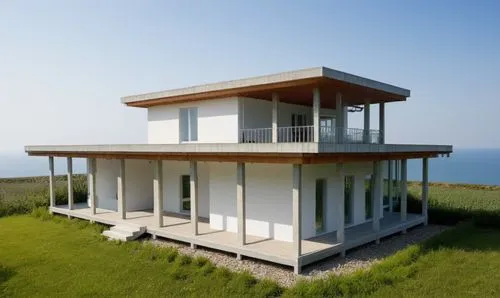 Small modern house surrounded by a meadow.
The walls are white. Black roof.,the beach house is surrounded by green fields,dunes house,lifeguard tower,stilt house,beach house,beachhouse,deckhouse,Photo