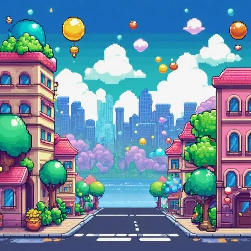 colorful city,pixel art,fantasy city,cityscape,retro styled,pixel cells,cartoon video game background,retro background,cybertown,platformer,city corner,microdistrict,skyscraper town,metropolis,peachpit,cityhood,parodius,business district,bird kingdom,kanto