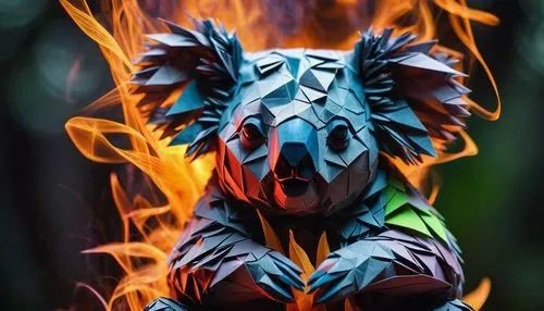 origami of a beautiful Koala crafted  with intricate in origami shapes and wisps of smoke, stands tall amidst soaring sparks and contrasting colors walking in nature,the fire looks like a piece of art