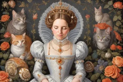 elizabeth i,cat family,white cat,rococo,cinderella,cat lovers,elizabeth nesbit,cat portrait,cat,domestic cat,the cat,baroque angel,feline,queen anne,portrait of a girl,gothic portrait,priestess,white lady,birman,renaissance,Digital Art,Classicism