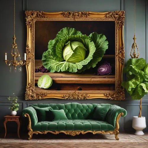 vegetable basket,savoy cabbage,romaine,botanical frame,vegetables landscape,romaine lettuce,decorative frame,crate of vegetables,vegetable pan,crudités,green dragon vegetable,antique background,leaf lettuce,cabbage leaves,green wreath,greengrocer,art deco frame,art nouveau frame,green salad,rococo,Conceptual Art,Oil color,Oil Color 07