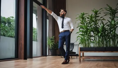 Modern architect, male, 35-40yo, short brown hair, glasses, beard, white shirt, black tie, dark blue formal pants, leather shoes, standing, gesturing, designing, residential building, luxurious villa,