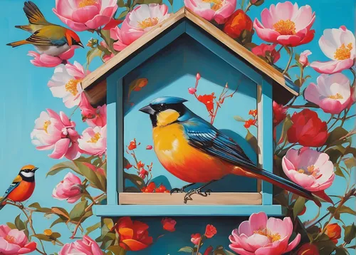 floral and bird frame,bird house,birdhouse,flower and bird illustration,bird painting,birdhouses,bird home,blue birds and blossom,decoration bird,wooden birdhouse,spring bird,springtime background,garden birds,songbirds,bird kingdom,house painting,bird frame,flower painting,bird bird kingdom,colorful birds,Illustration,Realistic Fantasy,Realistic Fantasy 24