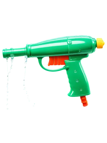 Fun water gun, colorful plastic body, transparent water tank, squirt trigger, shiny nozzle, dripping water droplets, close-up shot, macro photography, soft focus background, bright color tone, playful