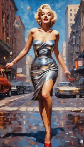 marylin monroe sexy walking towards camera,a painting of a girl in a metallic dress,marylyn monroe - female,marilyn monroe,marylin,marylin monroe,marilyn,connie stevens - female