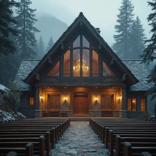 wooden church,forest chapel,the cabin in the mountains,little church,winter house,house in the mountains,snow house,mountain hut,chalet,chappel,log cabin,chapel,snow shelter,stave church,snow roof,house in mountains,log home,sanctuary,coziness,black church,Photography,General,Realistic