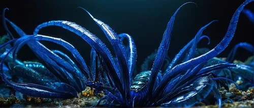 Imagine a futuristic world where blue devils shrimp are highly prized and sought after for their mystical healing properties.,blue anemones,blue angel fish,blue anemone,blue devils shrimp,blue peacock