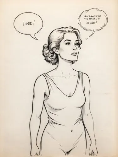 Become part of our adventurous comic page and experience the exciting story! With English text in boxes, speech and thought bubbles.,a line drawing of a woman with speech bubbles,pettibon,stereolab,se