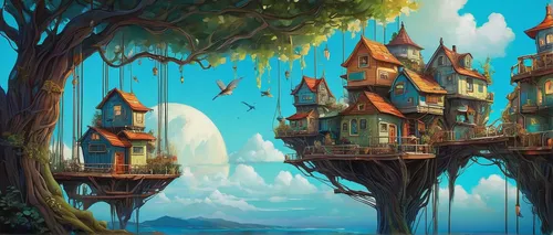 tree house,hanging houses,treehouse,fantasy landscape,stilt houses,fantasy city,tree house hotel,cube stilt houses,wooden houses,birdhouses,fantasy art,3d fantasy,house in the forest,fantasy world,home landscape,fantasy picture,bird kingdom,fairy village,bird house,aurora village,Conceptual Art,Daily,Daily 34