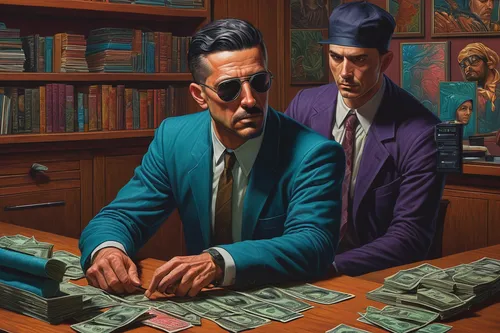 In a high-stakes heist, a charismatic mastermind partners with a skilled thief to pull off the ultimate robbery.,mafia,businessmen,game illustration,business men,gambler,dealer,banker,poker,bank telle