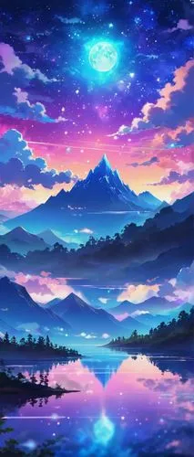 landscape background,dusk background,purple landscape,unicorn background,moon and star background,starry sky,night sky,fantasy landscape,heaven lake,background screen,would a background,art background,star sky,evening lake,nightsky,dream world,starscape,screen background,music background,rainbow and stars,Illustration,Japanese style,Japanese Style 03