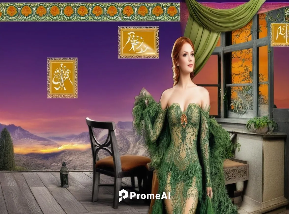 celtic woman,celtic queen,art deco background,ceremonials,noblewoman,maureen o'hara - female,sirenia,background ivy,everquest,green dress,frigga,greensleeves,fantasy woman,satine,art deco woman,tuatha