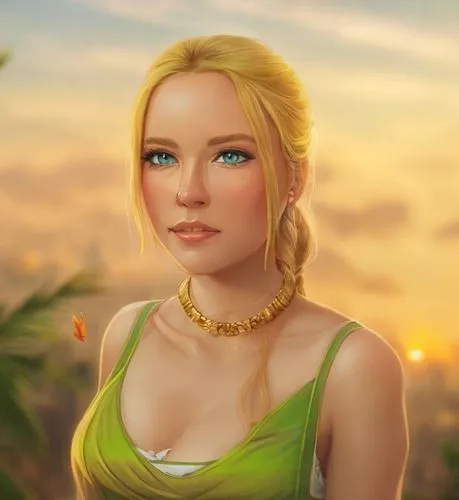 The room is filled with the soft glow of the sunset, casting a warm orange light upon the woman's beard. She wears a vibrant red dress, adorned with green eyes and a graceful smile. Her long blonde ha