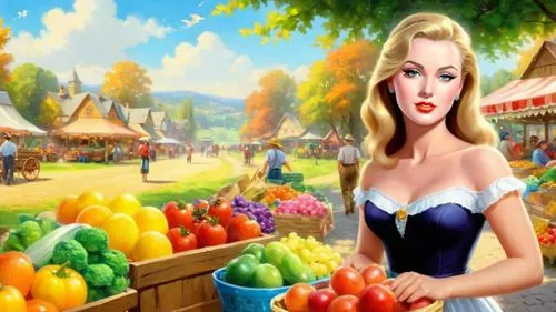 masterpiece oil painting, bright colors, 1950's kitsch style, countryside farmer's market, highly detailed, high res, by Thomas Kinkade,the painting depicts a lady in a store filled with vegetables an