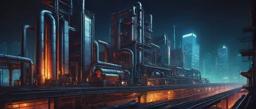 metropolis,cybercity,futuristic landscape,cybertown,polara,arcology,coruscant,cityscape,cyberport,industrial landscape,tron,bioshock,fantasy city,cyberia,city at night,cyberpunk,microdistrict,megalopolis,refinery,sci fiction illustration,Illustration,Retro,Retro 07