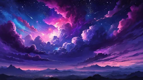 purple wallpaper,purple landscape,night sky,sky,beautiful wallpaper,unicorn background,purple,the night sky,colorful stars,nightsky,ultraviolet,wavelength,galaxy,nebulos,purple and pink,dusk background,epic sky,purple background,full hd wallpaper,fantasy landscape,Illustration,Japanese style,Japanese Style 05