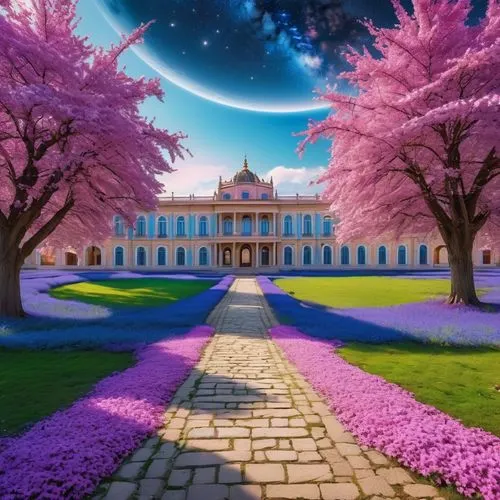 purple landscape,sanssouci,primavera,schoenbrunn,mirogoj,fantasy picture,sakura trees,venaria,splendid colors,springtime background,sakura tree,miramare,japanese sakura background,fantasy landscape,sakura background,fairytale castle,spring background,hanami,sakura blossom,europe palace,Photography,General,Realistic