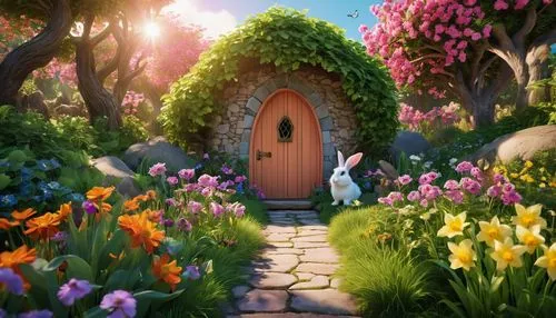 fairy door,garden door,fairy house,fairy village,cottage garden,cartoon video game background,Photography,Artistic Photography,Artistic Photography 01