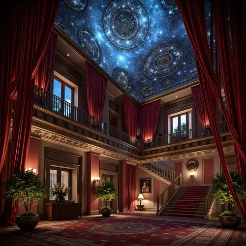 ornate room,cochere,ballroom,planetarium,victorian room,dreamfall,starscape,dandelion hall,sky space concept,opulently,musical dome,opulence,sansar,dreamhouse,rooms,3d render,fractal environment,holodeck,entrance hall,astronomia