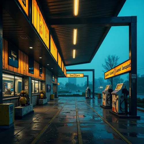 Neon-lit gas pumps, retro-futuristic architecture, bold black outlines, vibrant yellow accents, deep blue night sky, atmospheric mist, dramatic spotlights, high-contrast signage, distressed metallic t