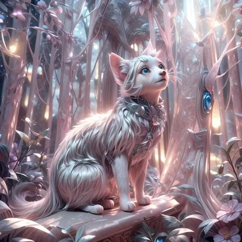 fantasy picture,fantasy art,white cat,silver tabby,forest animal,goatflower,blossom kitten,fantasy portrait,enchanted forest,constellation wolf,ninebark,fairy forest,elven forest,light bearer,woodland animals,cat,pink cat,enchanted,unicorn background,whimsical animals