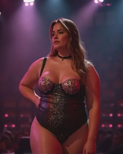 21 year old girl wearing a shiny "Justice" swimsuit  on stage at a gameshow, slender with (plus size oversized obese chest:1.8).  She poses and looks confident.. Professional photography, bokeh, natur