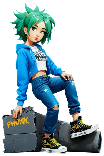 Phonk character, blue skin, green hair, pierced ears, gold chain necklace, ripped jeans, black sneakers, graffiti spray can, urban background, dynamic pose, low-angle shot, dramatic lighting, vibrant 