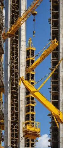 Modern skyscraper, urban cityscape, steel beams, iron pipes, yellow helmets, reflective vests, busy construction site, crane towering above, concrete slabs, reinforced pillars, intricate framework, ge