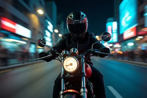 closeup of the front of a motorcycle riders helmet as they aggressively drive around a neon city at night. motion graphic world with motion blur.


,a man riding a red motorcycle on a city street,elec