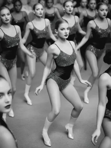 Black and white quality photograph of a wild dancer from the south; very pretty. The others are blurred.,a group of dancers that are dressed in sparkling clothes,dance schools,rockette,balanchine,urda