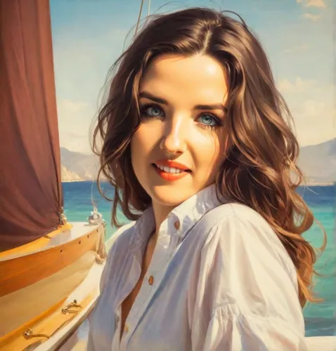 Brunette young woman on the sea beach on a sunny day.,girl on the boat,italian painter,oil painting,oil painting on canvas,romantic portrait,photo painting,art painting,emile vernon,boat on sea,sailin