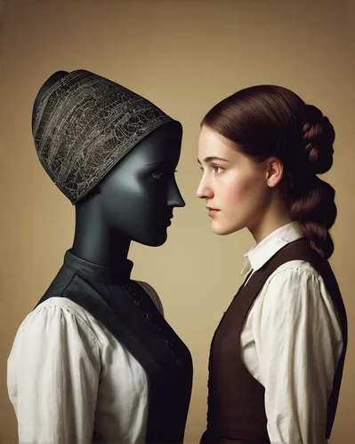 the hat of the woman,opposites,gothic portrait,black couple,woman's hat,mannequins,mannequin silhouettes,young women,two girls,victorian fashion,dualism,romantic portrait,vintage man and woman,the hat-female,conceptual photography,women silhouettes,man and woman,the victorian era,girl with a pearl earring,artist's mannequin,Illustration,Abstract Fantasy,Abstract Fantasy 02