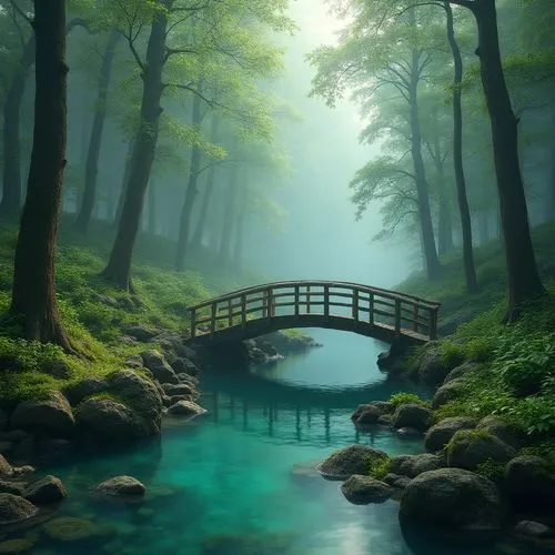 wooden bridge,mountain spring,germany forest,japan landscape,fairytale forest,nature wallpaper,beautiful japan,foggy landscape,foggy forest,beautiful landscape,green forest,enchanted forest,forest landscape,nature landscape,fairy forest,thermal spring,fantasy landscape,landscapes beautiful,underwater oasis,hanging bridge,Photography,General,Realistic