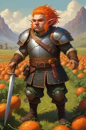 shield with emblazoned carrot,a man in an armor holding a sword and a pumpkin patch,dwarf sundheim,garrison,gotrek,zigmund,dagur,orangun