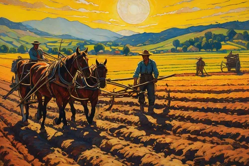 Plowing fields under a blazing sun with determination.,straw harvest,farm workers,furrows,straw carts,agriculture,threshing,field cultivation,farmworker,straw field,grant wood,furrow,farm landscape,ag