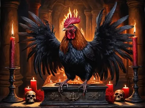 Demonic chicken, hellish red eyes, sharp beak, black feathers with red undertones, horns on head, muscular legs, claws, standing on a pedestal of skulls, in a dark dimly lit chamber, surrounded by can