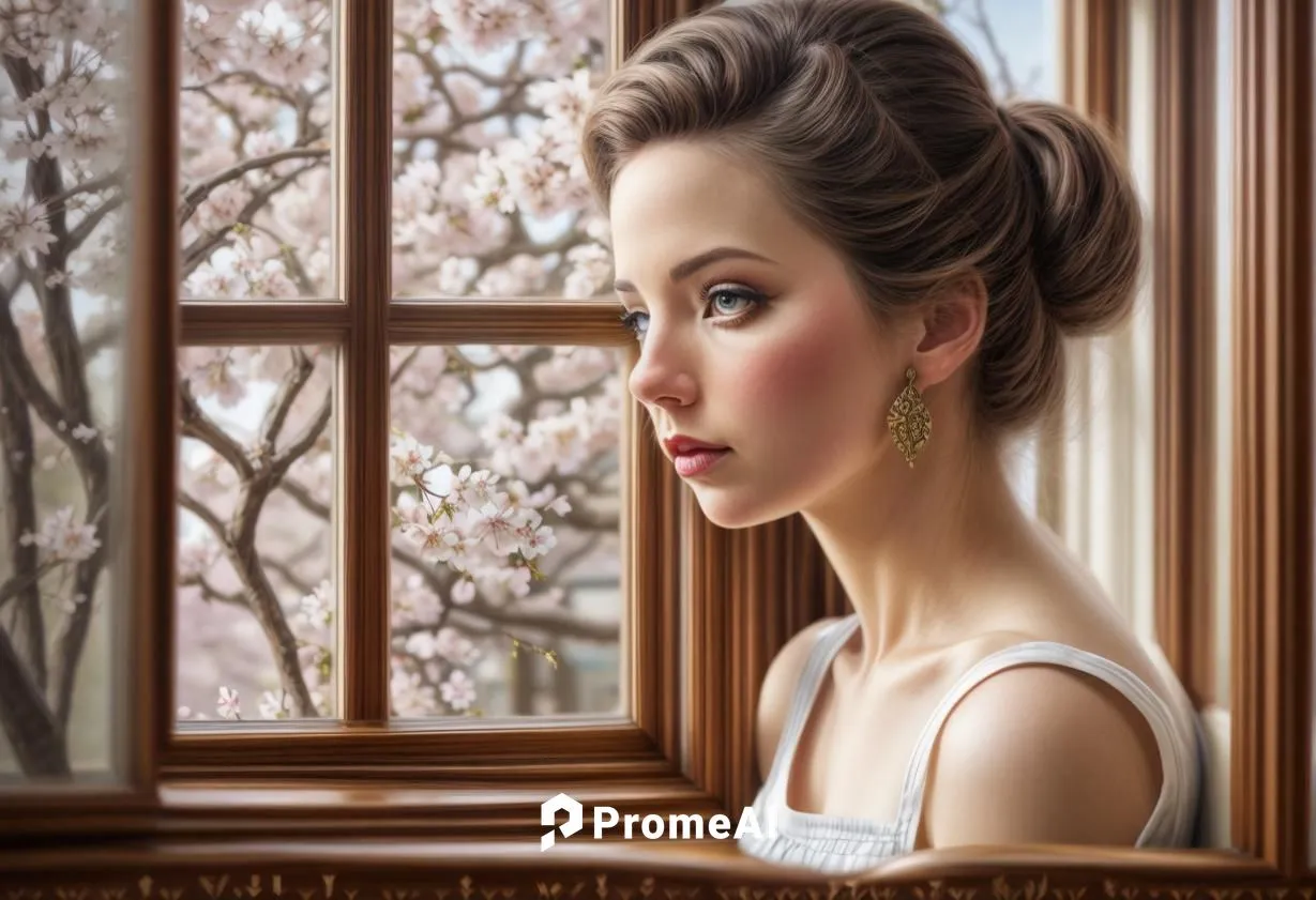 Outside the window, cherry blossoms are blooming,romantic portrait,photo painting,oil painting,art painting,young woman,woman thinking,world digital painting,girl in a long,portrait of a girl,oil pain