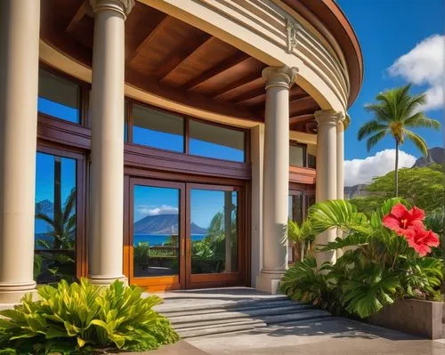 Honolulu architecture, modern Hawaiian style building, curved lines, white walls, large windows, sliding glass doors, tropical plants, palm trees, blooming hibiscus flowers, sunny day, blue sky with f