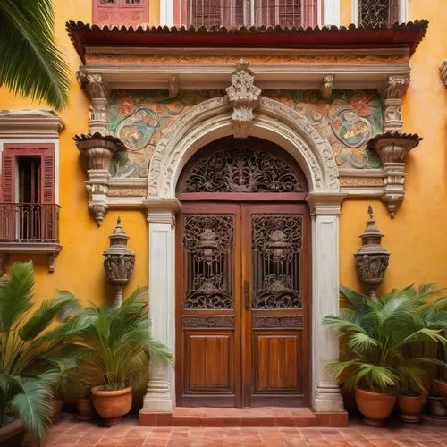 Colonial Venezuelan architecture, Baroque style, ornate decorations, intricately carved wooden doors, vibrant colorful walls, red-tiled roofs, balconies with intricate ironwork, palm trees surrounding