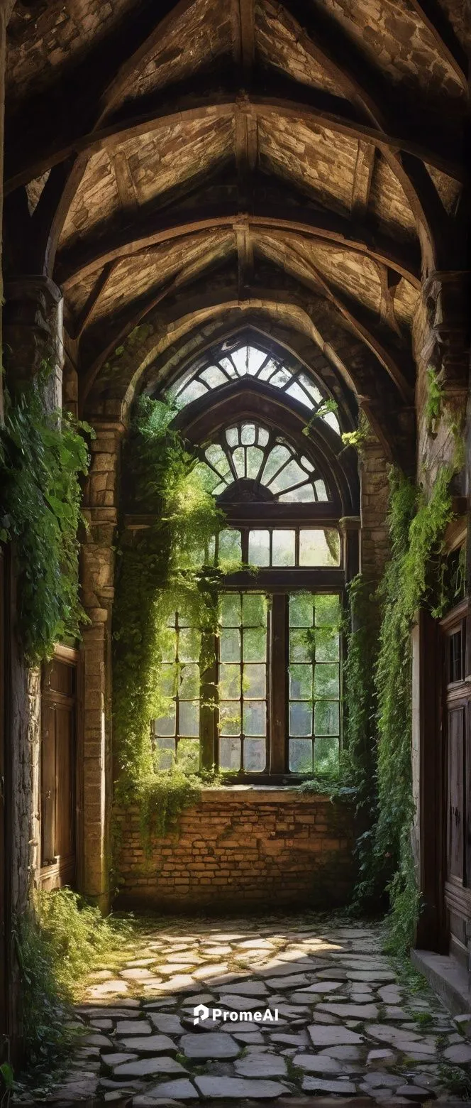 Abandoned, disused, industrial-era, architectural millwork, worn wooden beams, rusty metal pipes, old brick walls, crumbling stonework, moss-covered roofs, intricate stonemasonry, Gothic-style windows