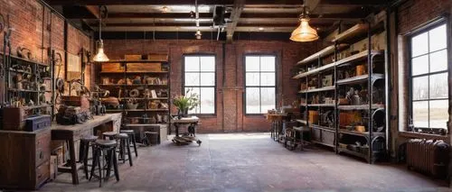 Industrial-chic interior, Columbus Architectural Salvage store, reclaimed wooden shelves, metal beams, exposed brick walls, vintage windows, distressed finishes, antique decorative items, old doors, h