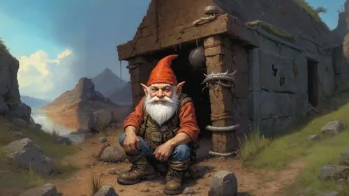 a painting of a man with a beard in a gnome hat,gnome,gnomes,gnomish,christmas gnome,tomte,gnomon