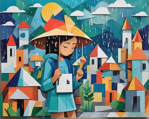 little girl with umbrella,rainy day,asian umbrella,raincoat,umbrellas,walking in the rain,summer umbrella,man with umbrella,motif,oil painting on canvas,rainy season,rainy,umbrella,in the rain,hanoi,rainy weather,rain,art painting,monsoon,rains,Art,Artistic Painting,Artistic Painting 45