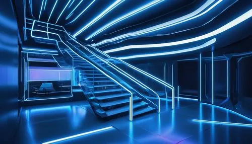 spaceship interior,ufo interior,uv,wavevector,3d background,blue light,hallway space,staircase,stairway,staircases,nightclub,escaleras,stairs,fractal lights,stairwell,tron,escalera,levator,stairways,stair,Illustration,Realistic Fantasy,Realistic Fantasy 07