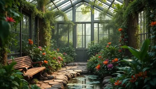 Lush greenhouse, regionalism style, tropical plants, vines crawling on walls, exotic flowers blooming in vibrant colors, misty atmosphere, warm soft lighting, wooden benches surrounded by foliage, wat