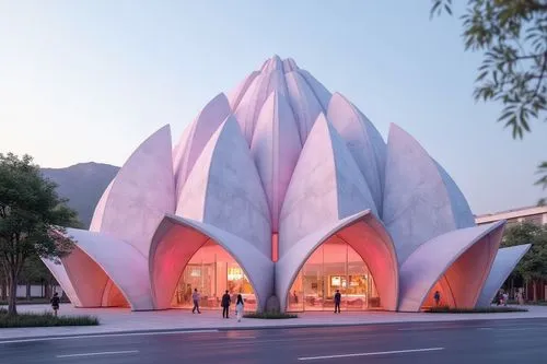 Lotus Shape,8k, optane render,futuristic,pop up gallery, post modern style architecture, inspired by Frank Owen Ghery and zaha hadid, pastel concrete facade shaped like flower petals, iridescent glass