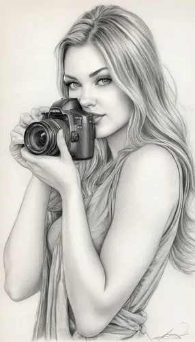 Embrace your inner photographer with Paxina,camera illustration,a girl with a camera,camera drawing,the blonde photographer,photographer,slr camera,pencil drawings,pencil drawing,portrait photographer