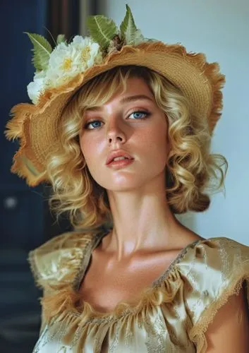 a woman is wearing a big straw hat,connie stevens - female,vintage doll,beautiful bonnet,womans seaside hat,female doll,bardot,Photography,General,Realistic