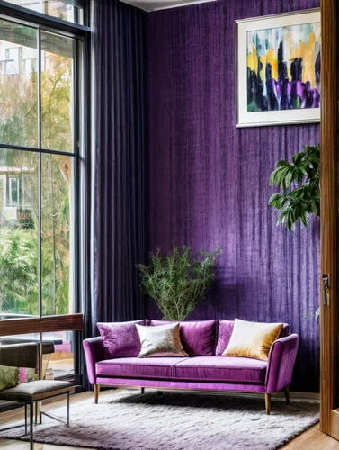 contemporary decor,mid century modern,modern decor,apartment lounge,home interior,interior decor,interior design,interior modern design,sitting room,an apartment,livingroom,rich purple,modern room,wall,shared apartment,mid century house,interior decoration,the purple-and-white,living room,great room