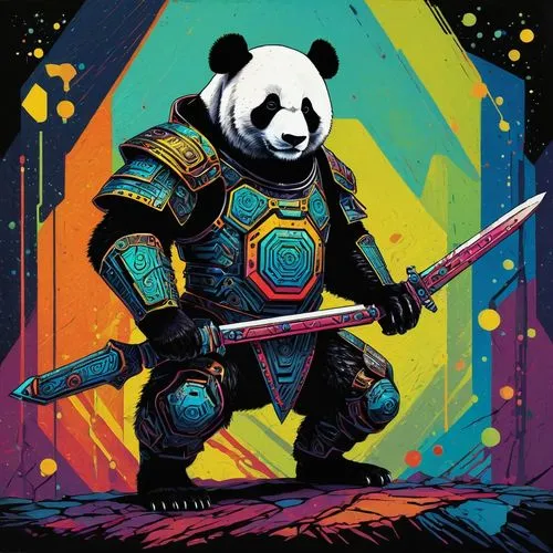 Cybernetic Panda Warrior, Pollock Style, Fantasy, Sci fi, Full Color Illustration, mainly bright metal colors, intricate design, fine details, complex, sophisticated, hexagonal,panda,pandabear,pandure